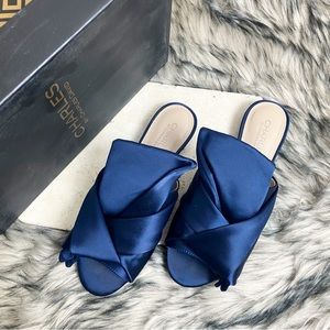 Charles David Royal Navy Blue Satin Wrap Slip On Open Toe Mule Sandals